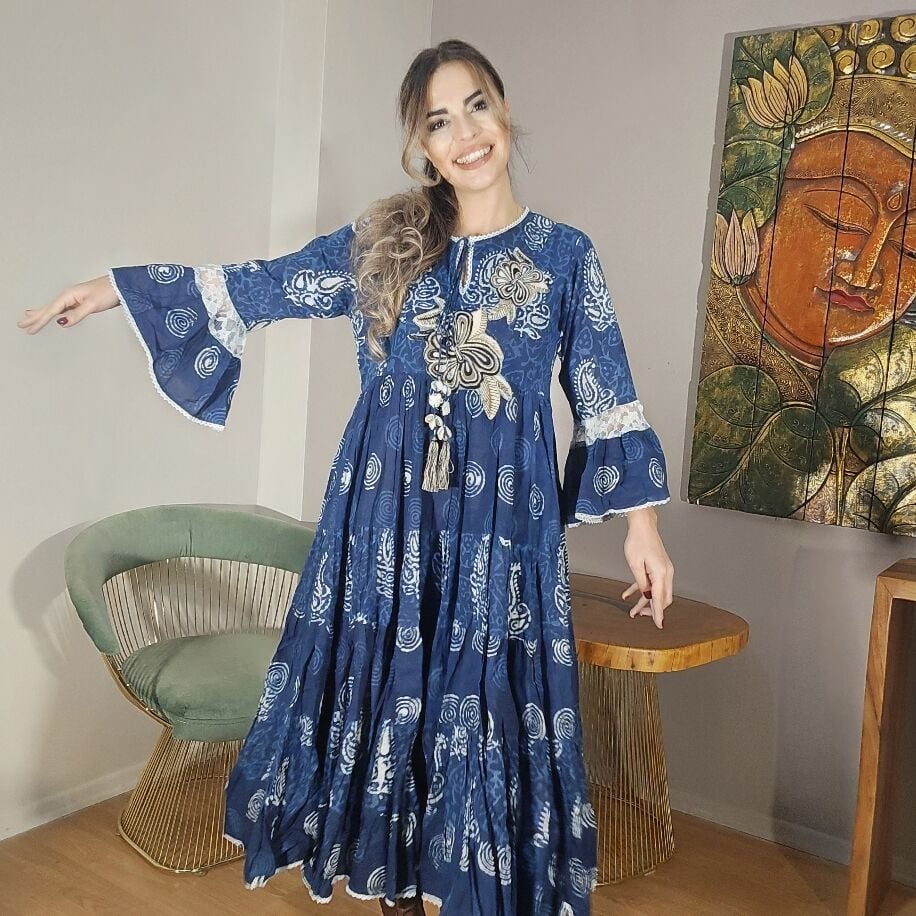 Taş Baskı Elbise Mavi