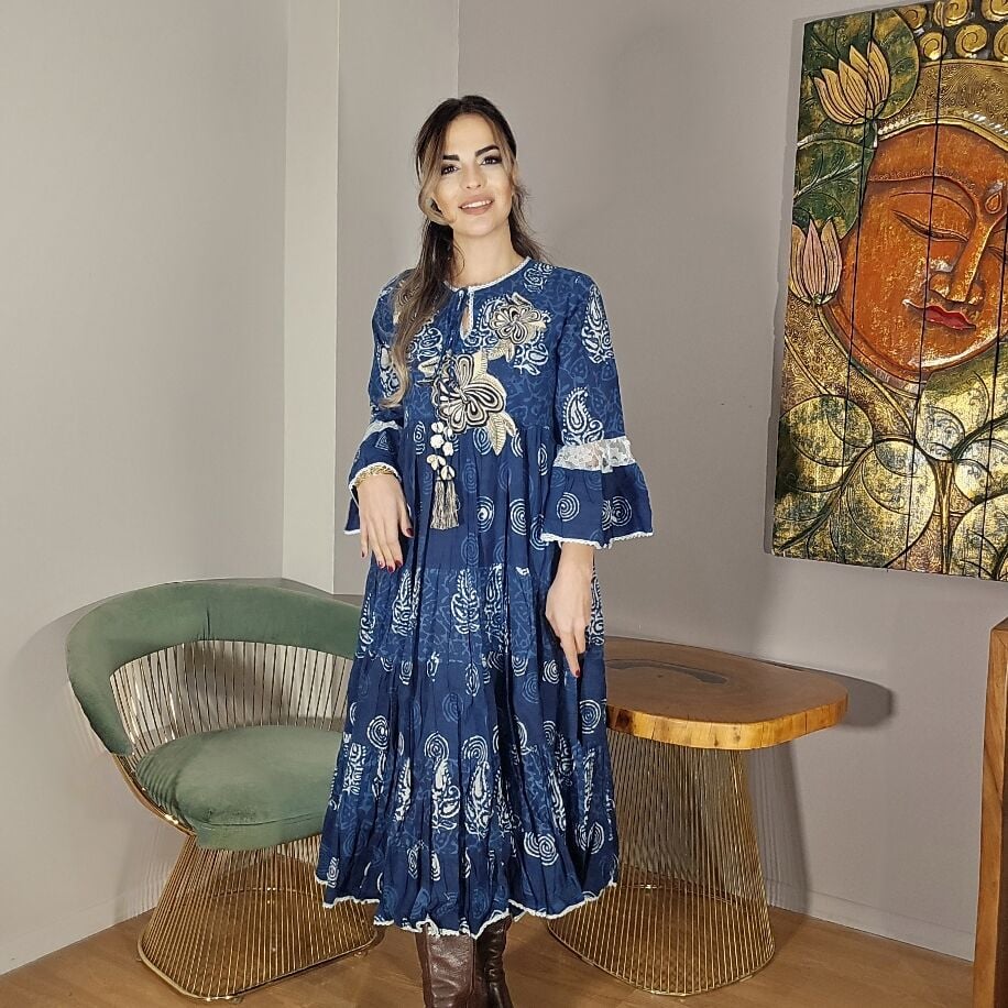 Taş Baskı Elbise Mavi