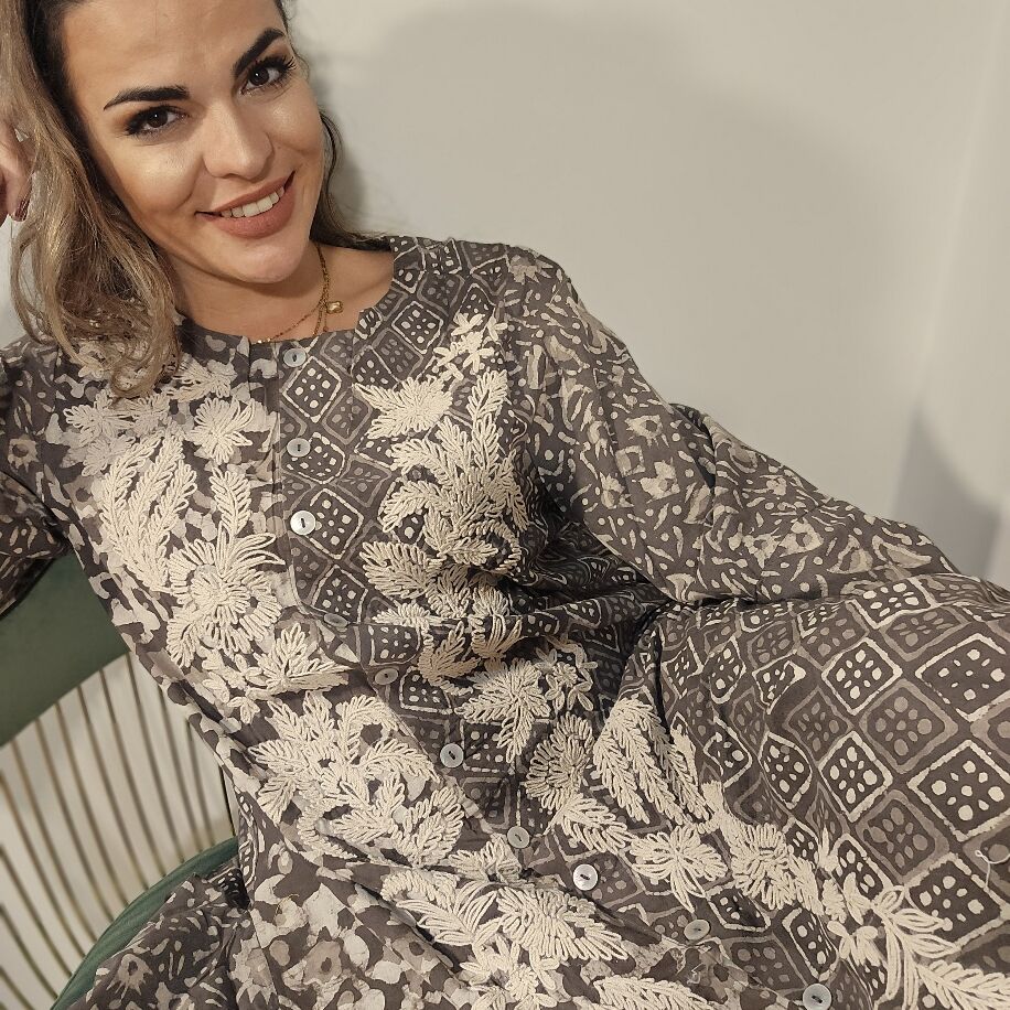 Taş Baskı Kap Elbise Kahve