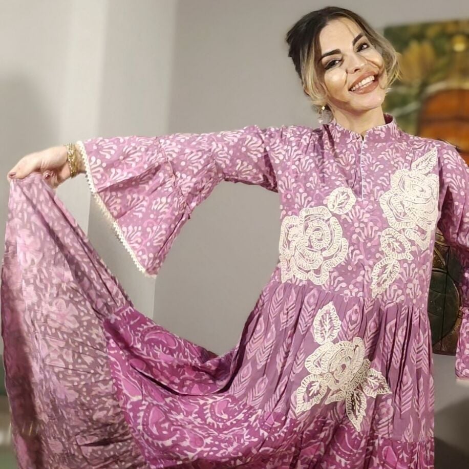 Taş Baskı Elbise H Pembe