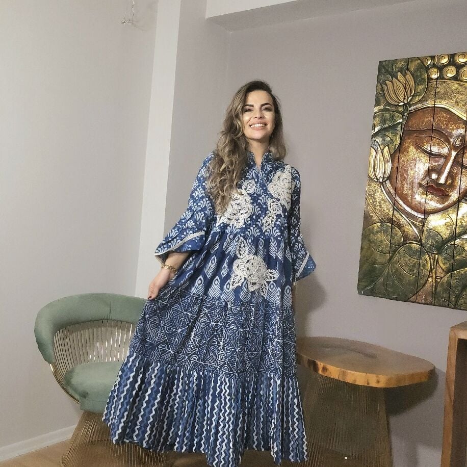 Taş Baskı Elbise H Mavi