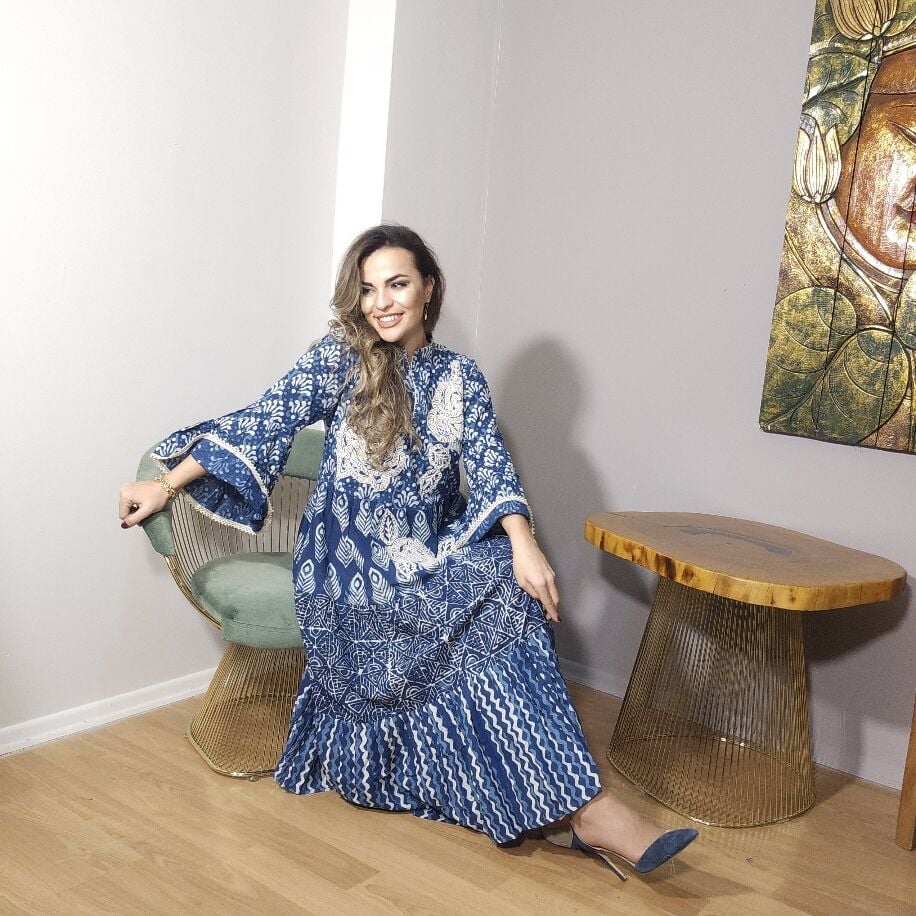 Taş Baskı Elbise H Mavi