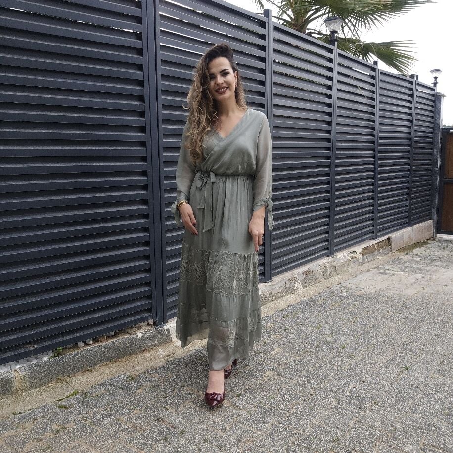 Kruvaze İpek Elbise Yeşil