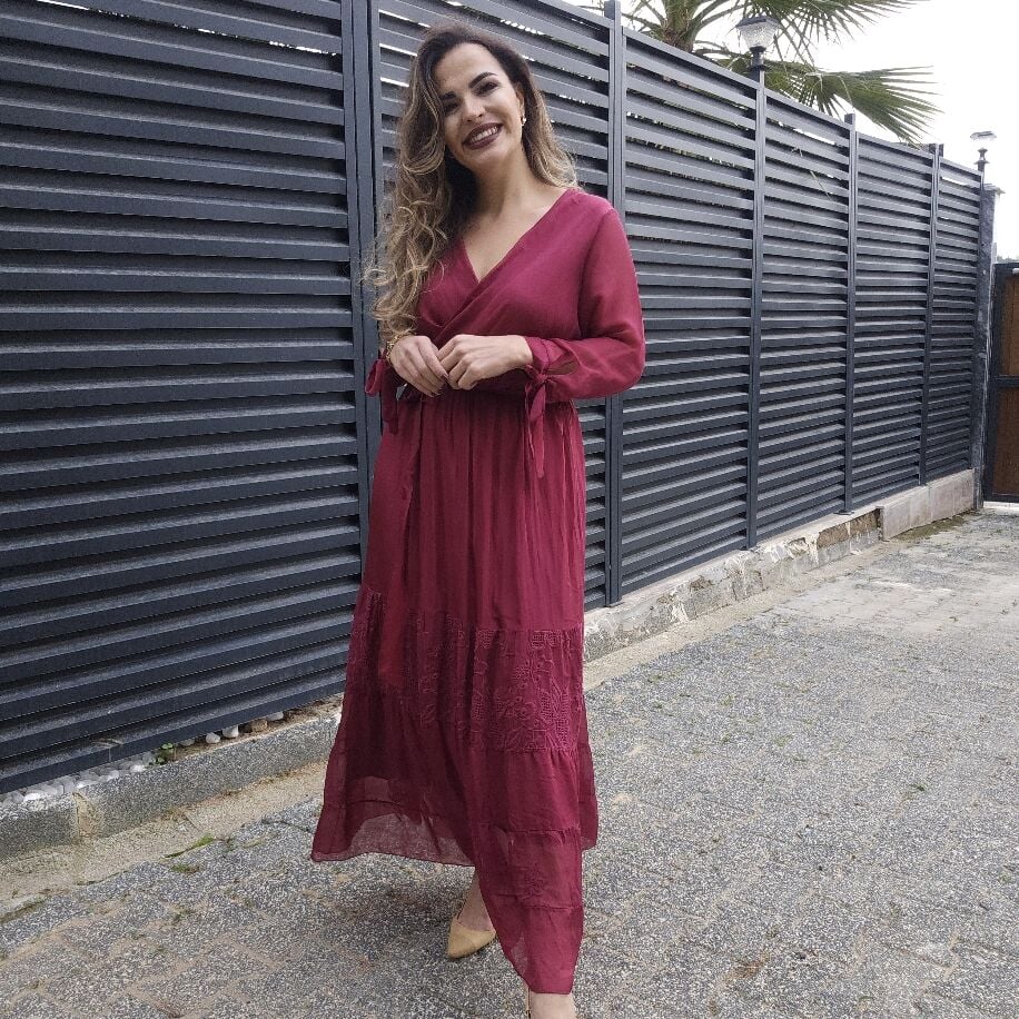 Kruvaze İpek Elbise Bordo