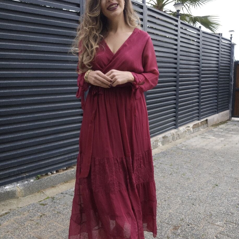 Kruvaze İpek Elbise Bordo