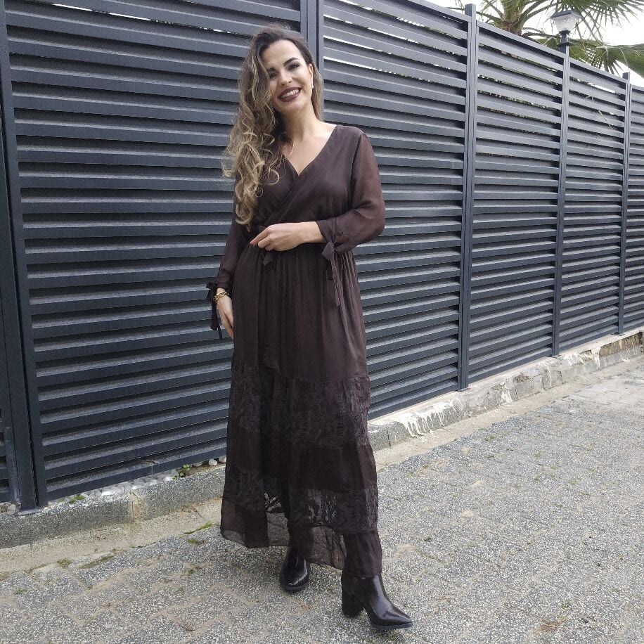 Kruvaze İpek Elbise Kahverengi