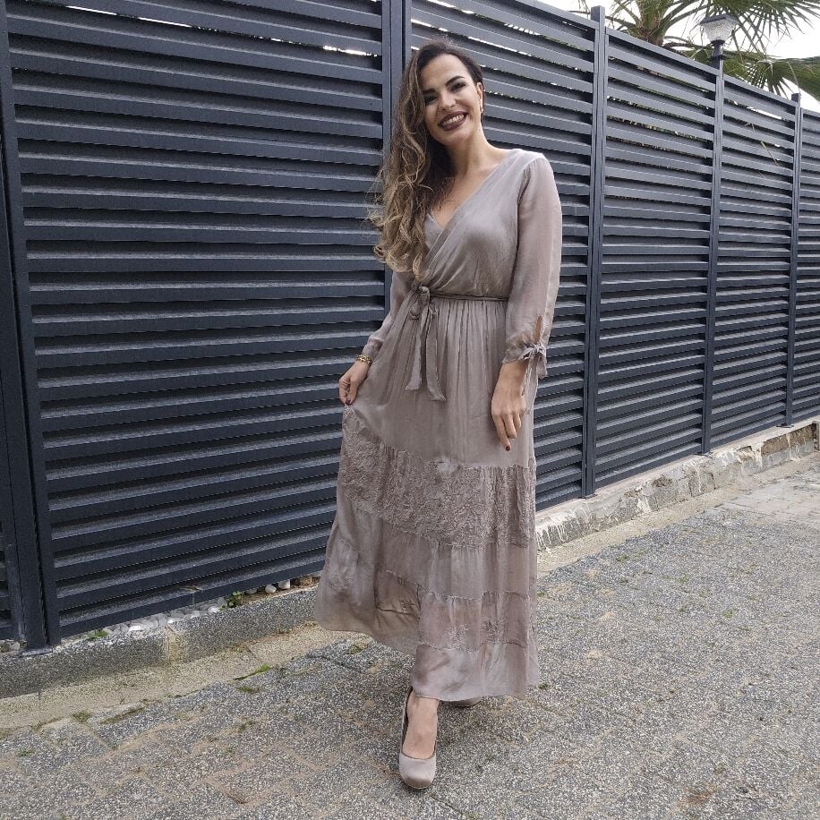 Kruvaze İpek Elbise Bej