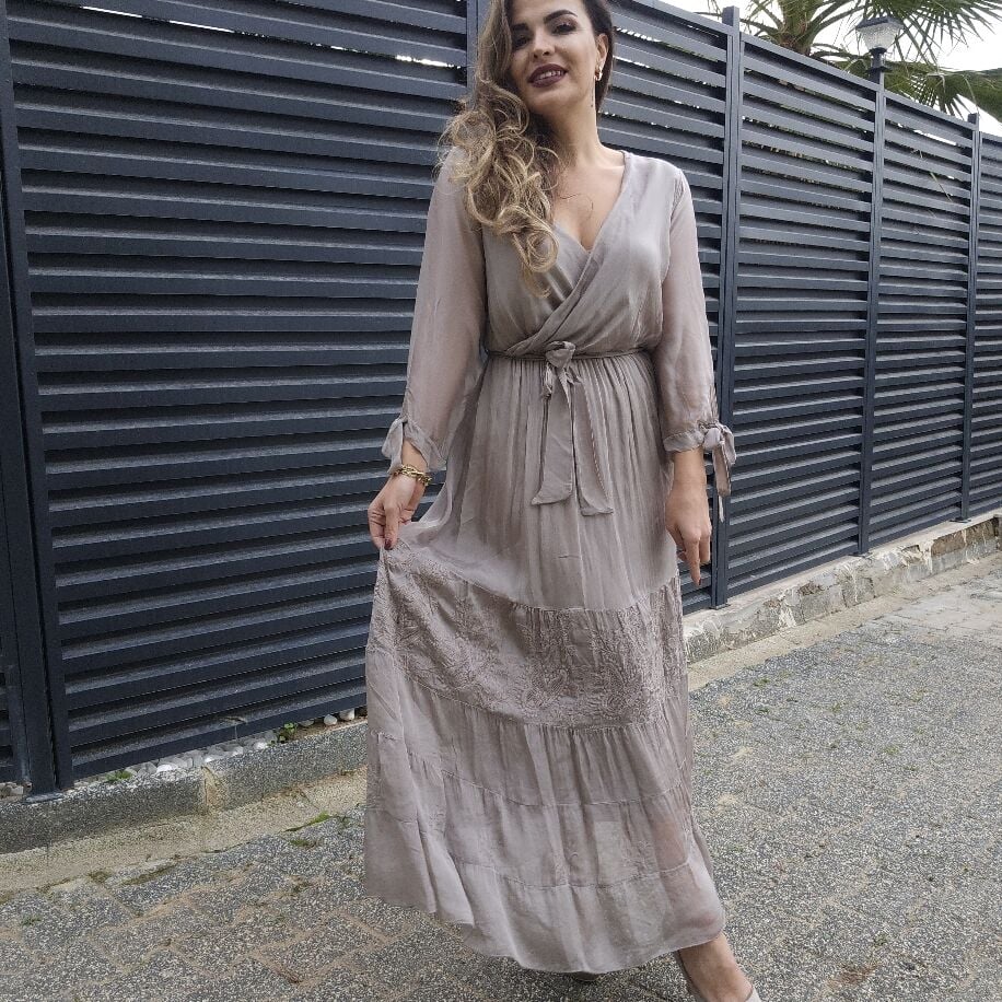 Kruvaze İpek Elbise Bej