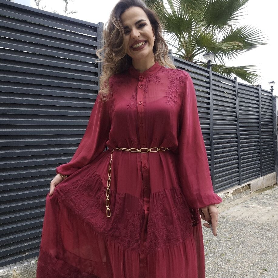 Düğmeli İpek Elbise Bordo