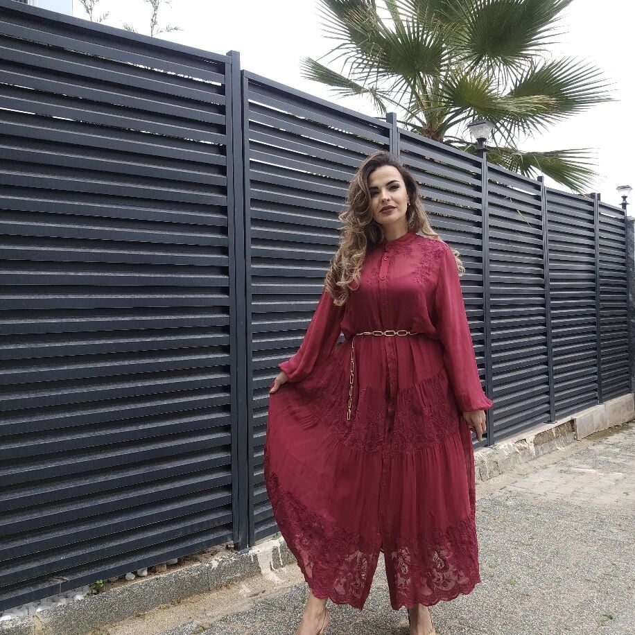 Düğmeli İpek Elbise Bordo