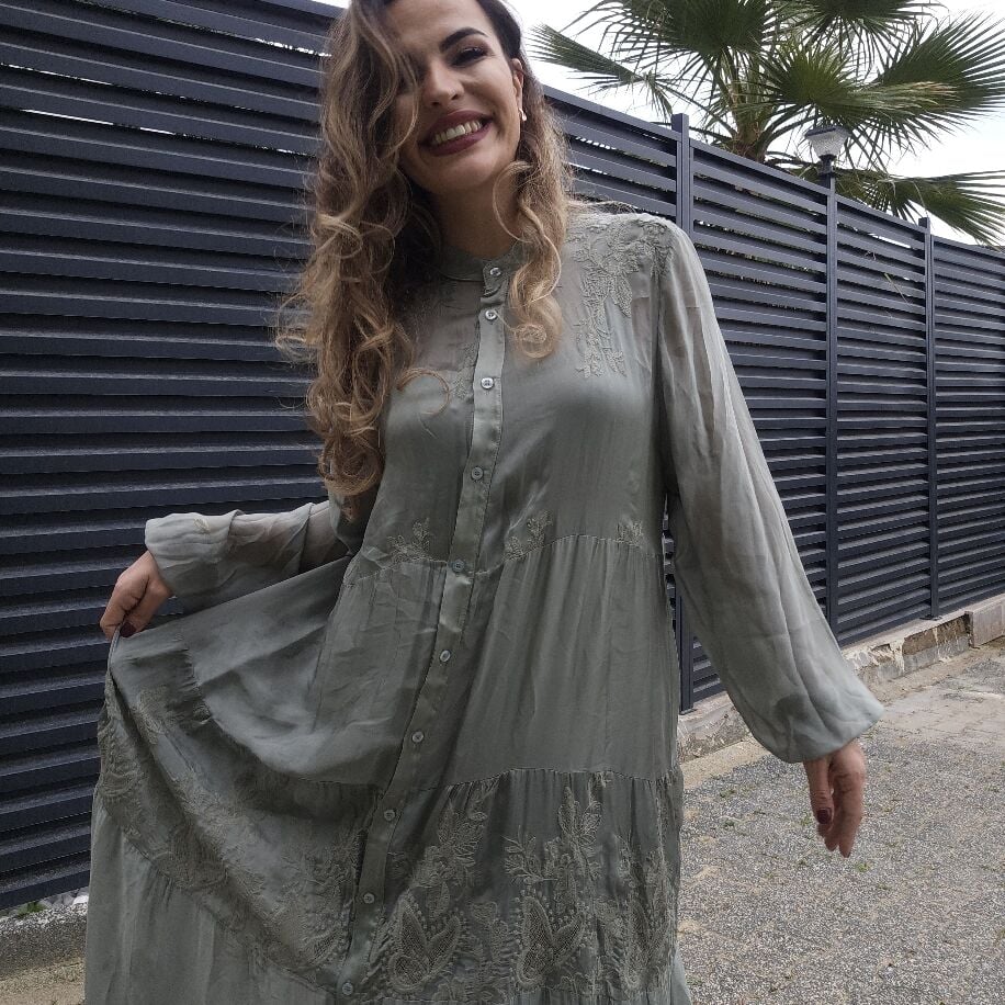 Düğmeli İpek Elbise Yeşil