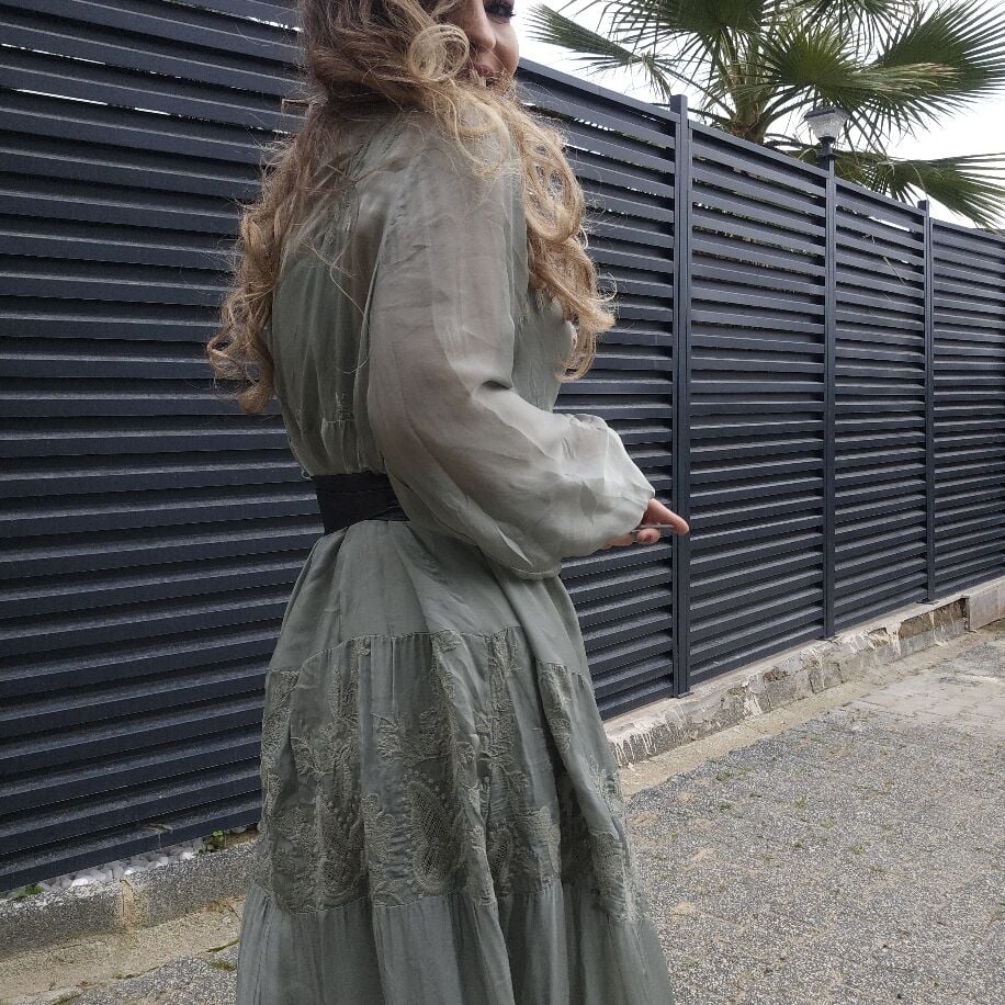 Düğmeli İpek Elbise Yeşil