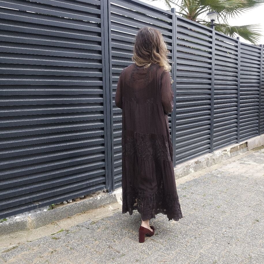 Düğmeli İpek Elbise Kahverengi