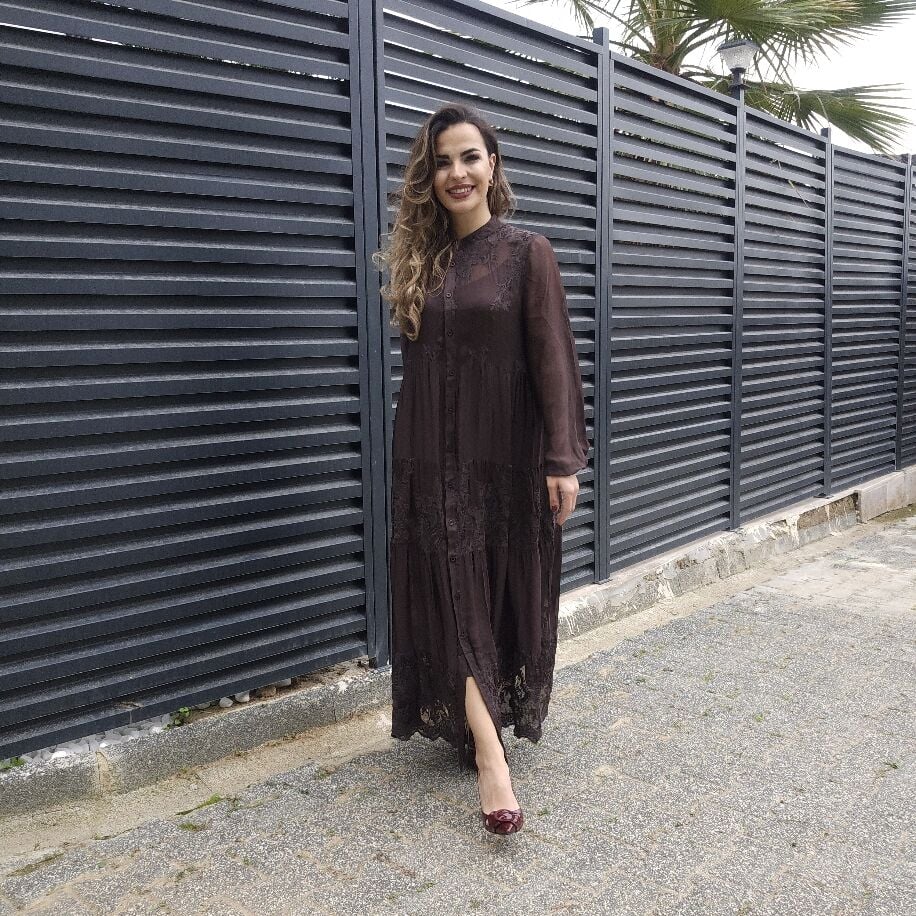 Düğmeli İpek Elbise Kahverengi