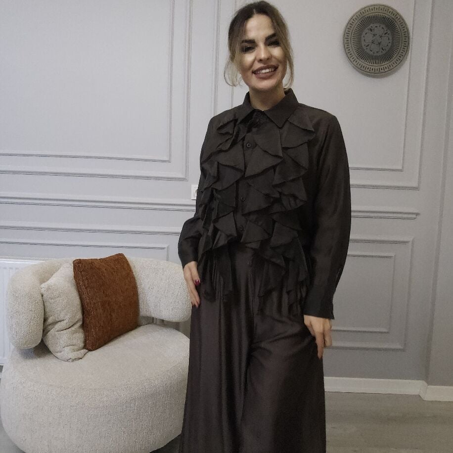 İtalyan Saten Pantolon Kahverengi