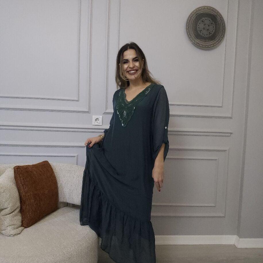 İtalyan V İpek Elbise Yeşil