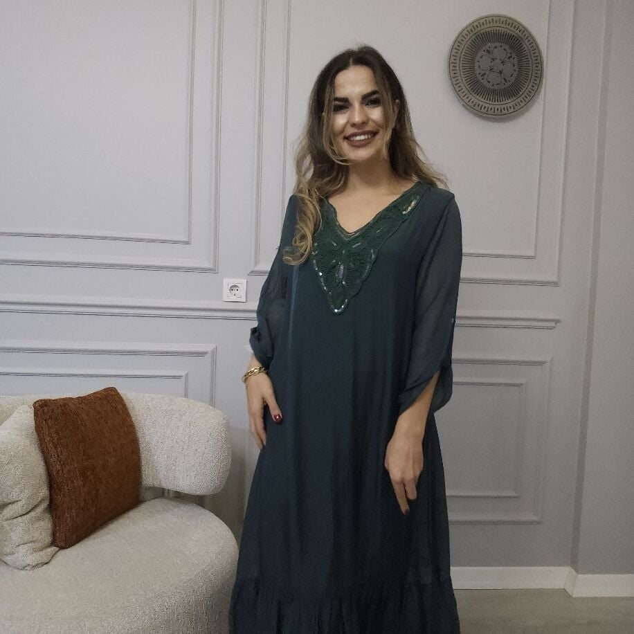 İtalyan V İpek Elbise Yeşil