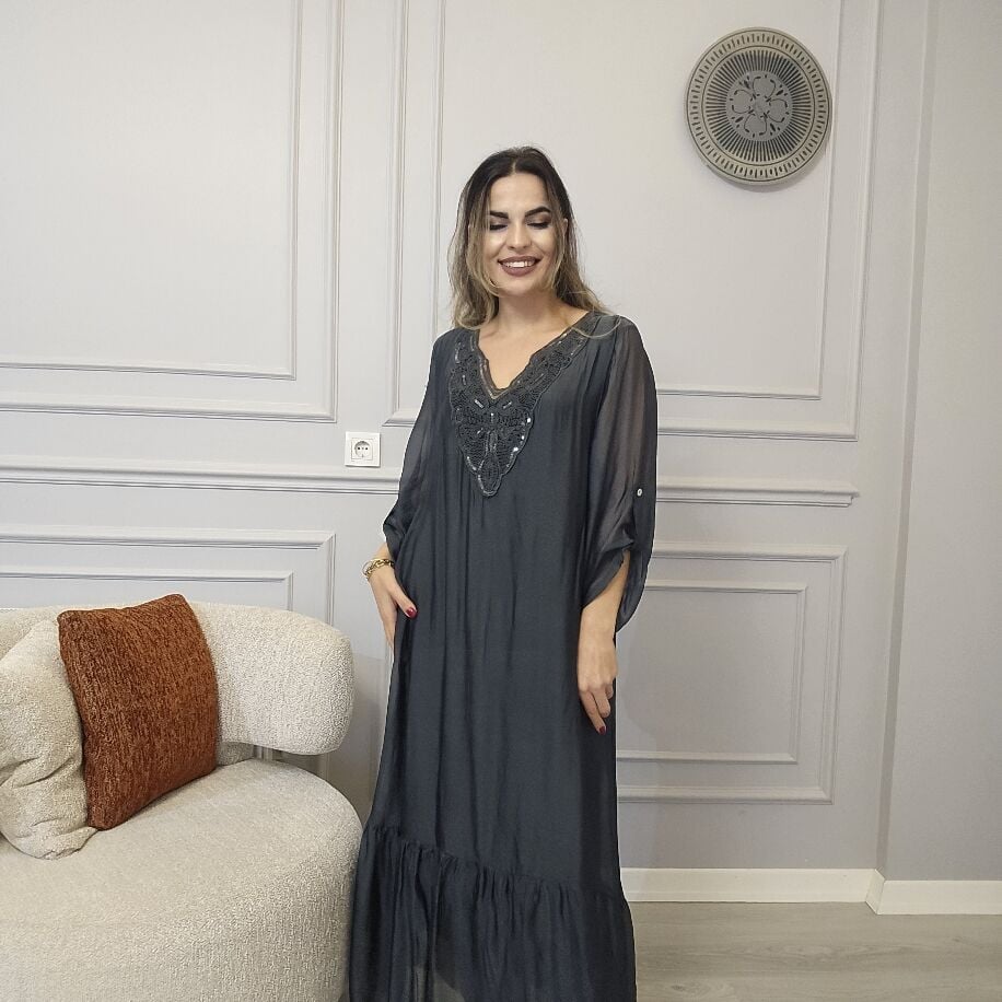 İtalyan V İpek Elbise Gri