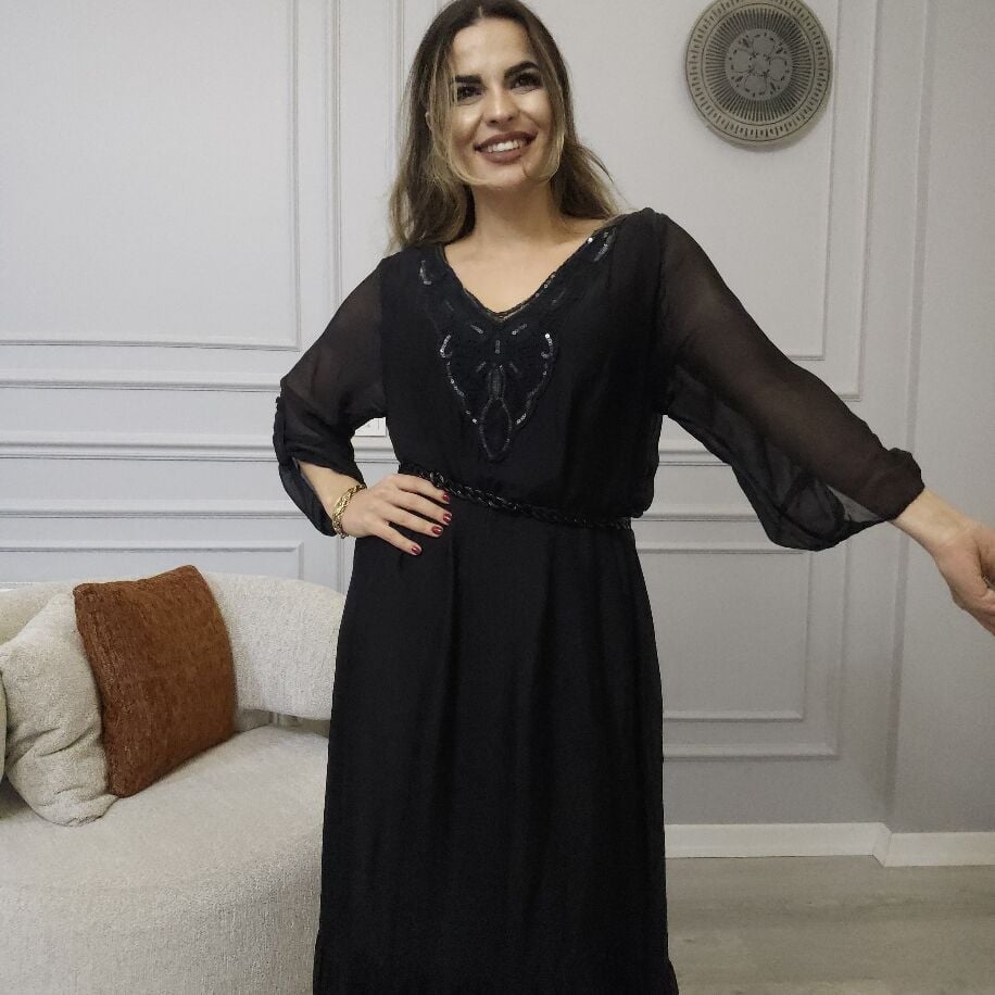 İtalyan V İpek Elbise Siyah