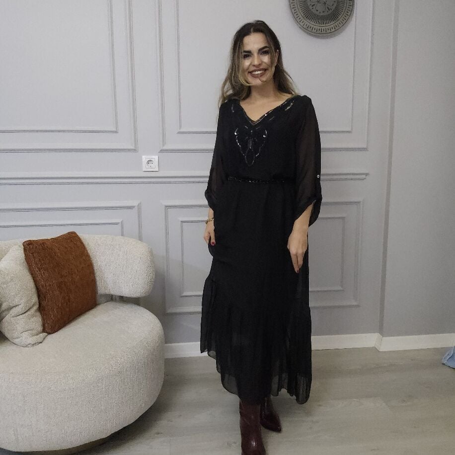 İtalyan V İpek Elbise Siyah