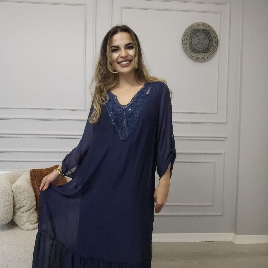 İtalyan V İpek Elbise Lacivert