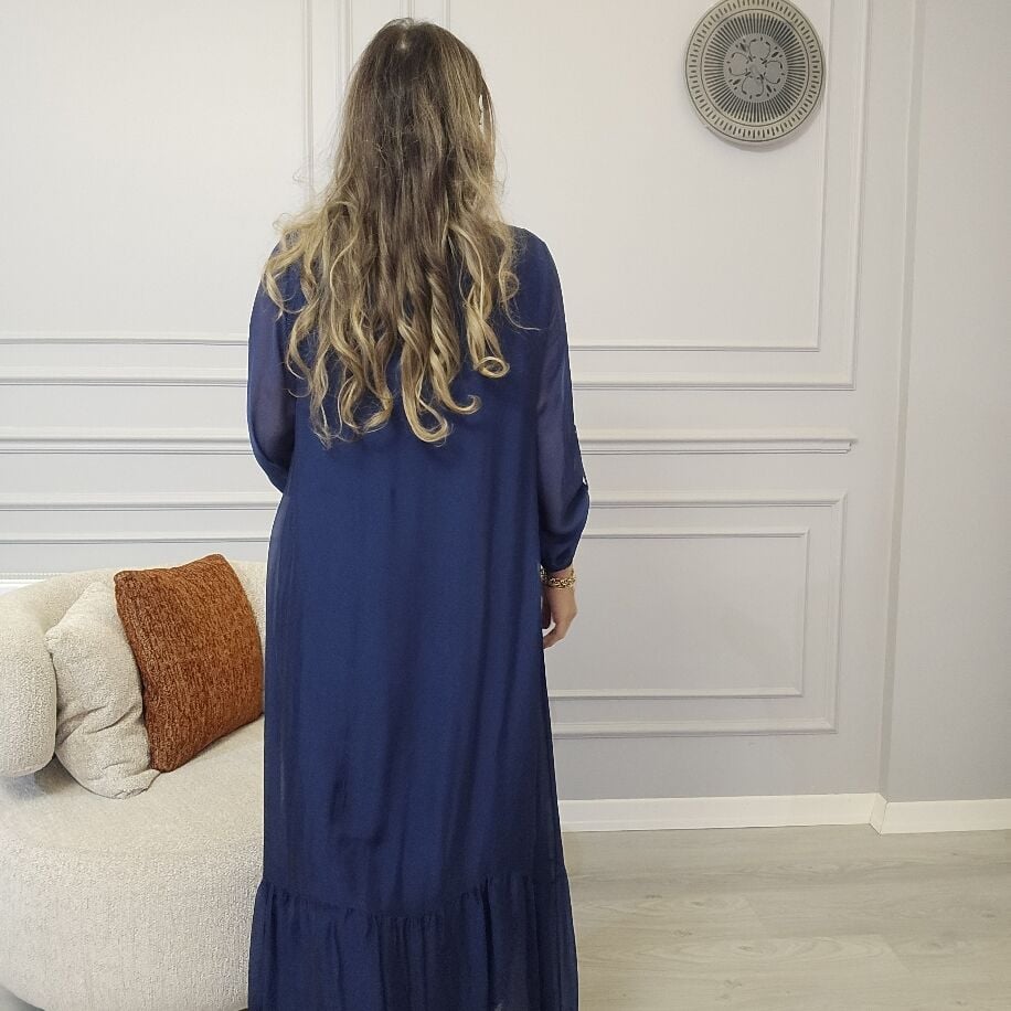 İtalyan V İpek Elbise Lacivert