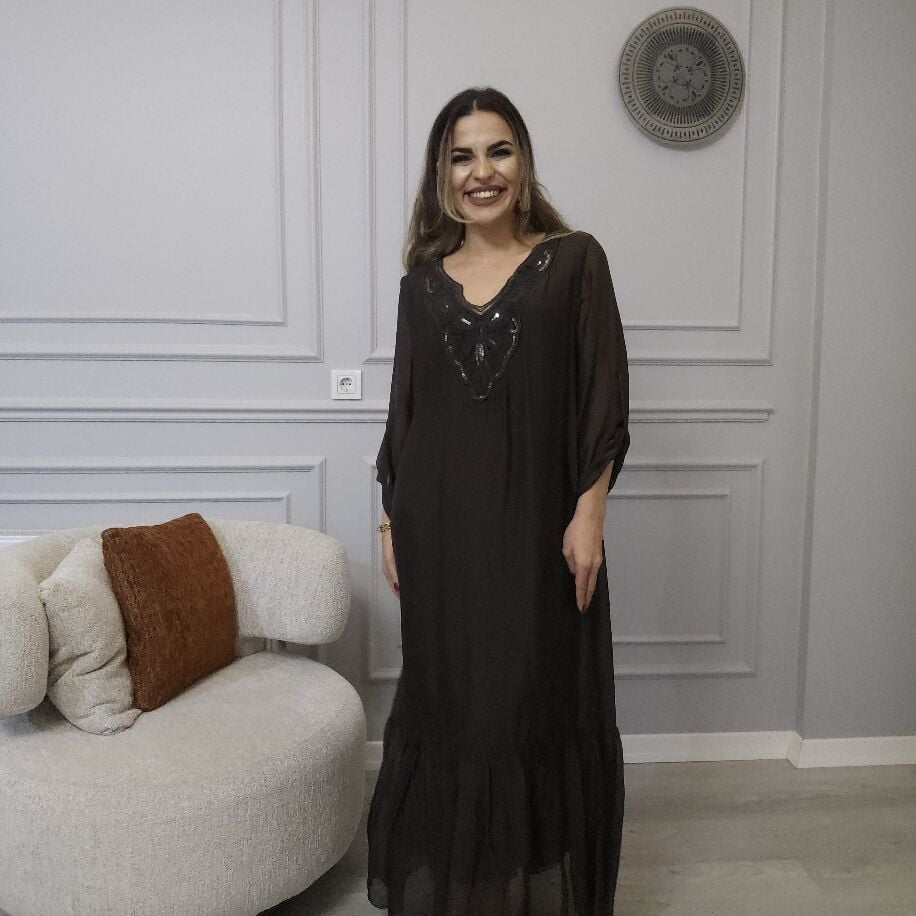 İtalyan V İpek Elbise Kahverengi