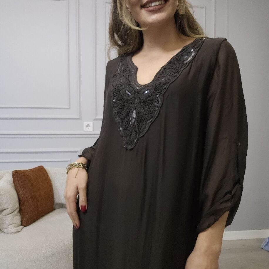 İtalyan V İpek Elbise Kahverengi