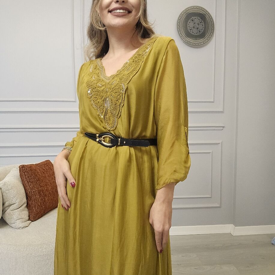 İtalyan V İpek Elbise Sarı