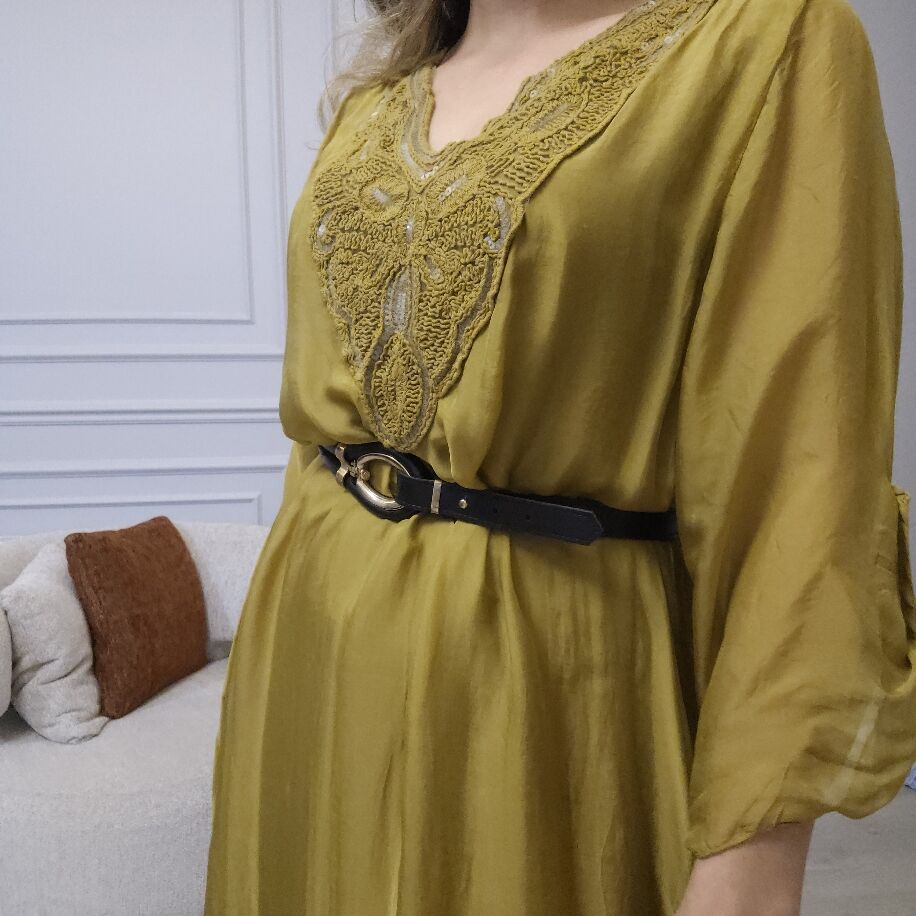 İtalyan V İpek Elbise Sarı
