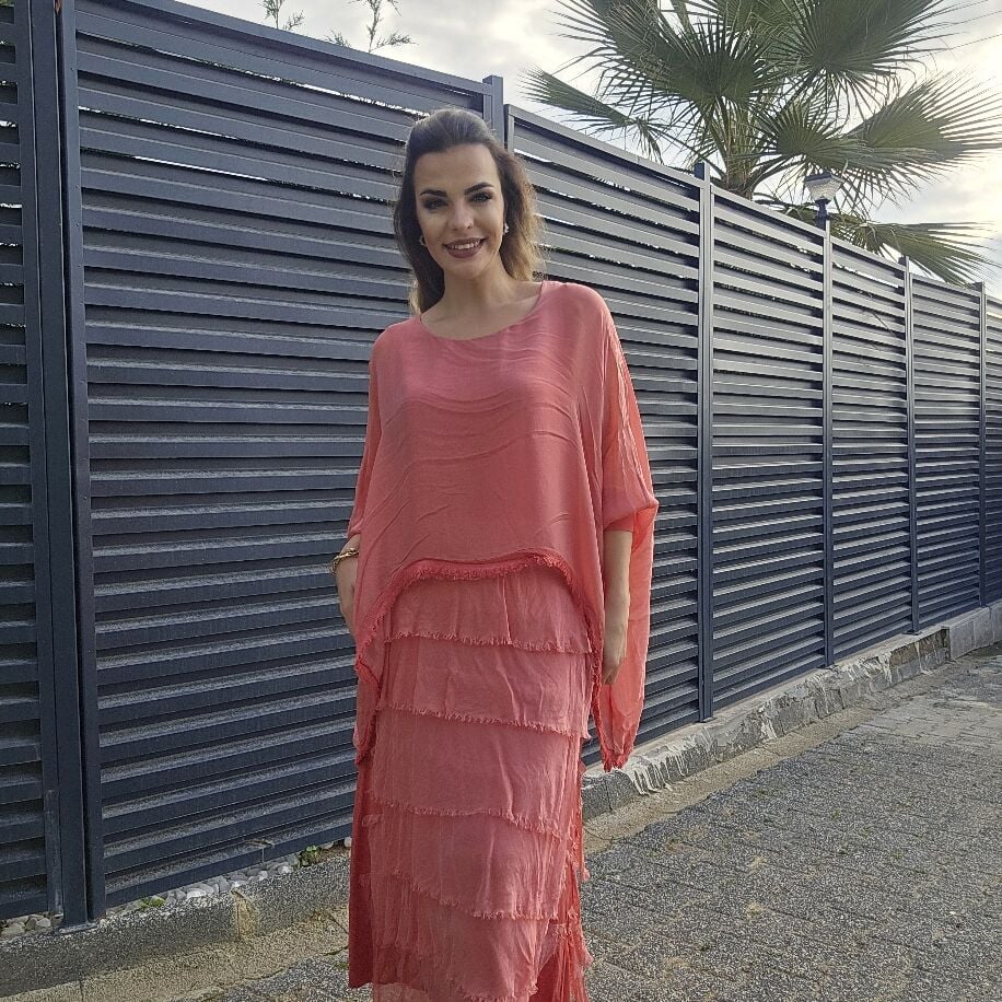 İtalyan Katkat İpek Elbise Nar