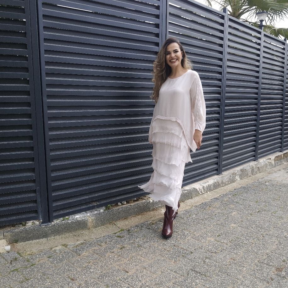 İtalyan Katkat İpek Elbise Pudra