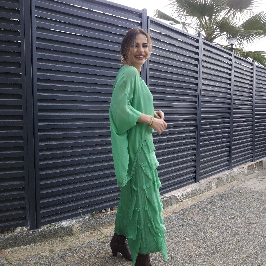 İtalyan Katkat İpek Elbise Çimen