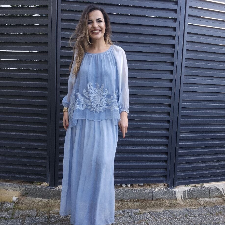 İtalyan Çiçek İpek Elbise Mavi