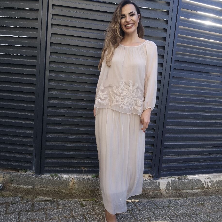 İtalyan Çiçek İpek Elbise Bej