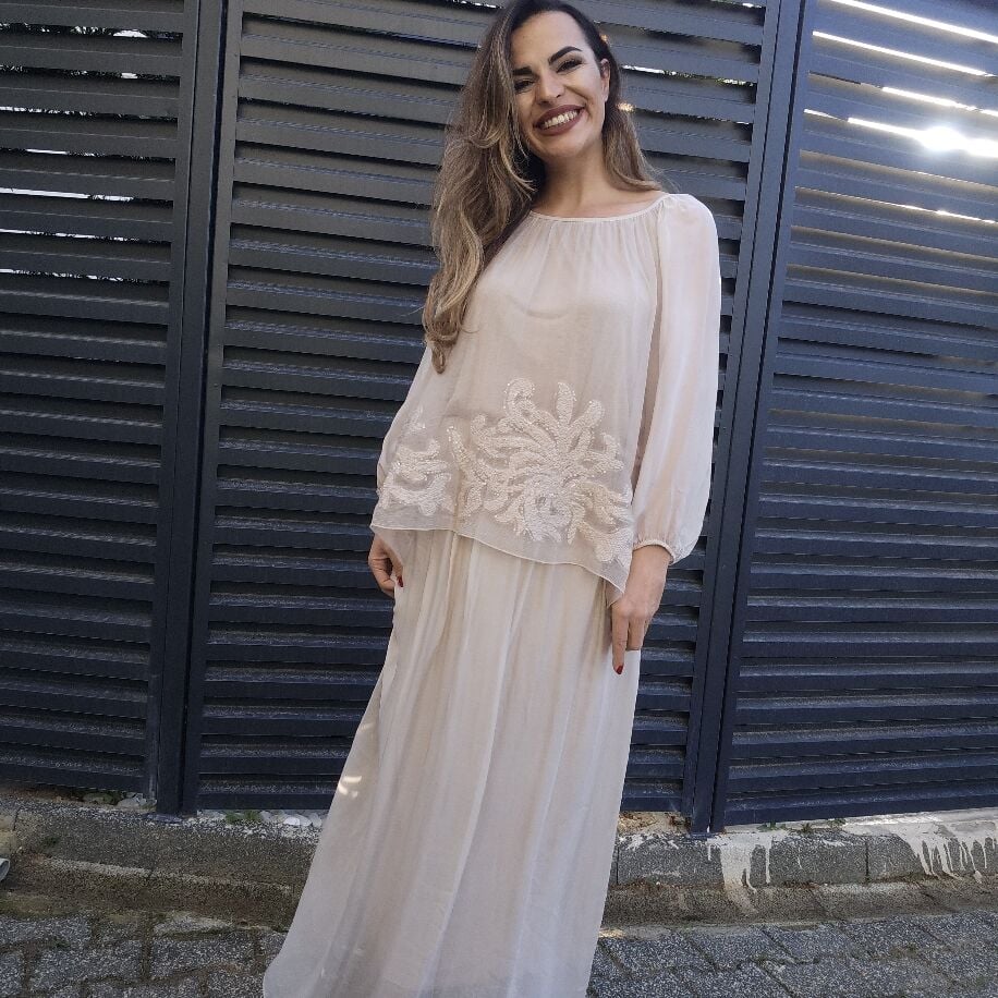 İtalyan Çiçek İpek Elbise Bej