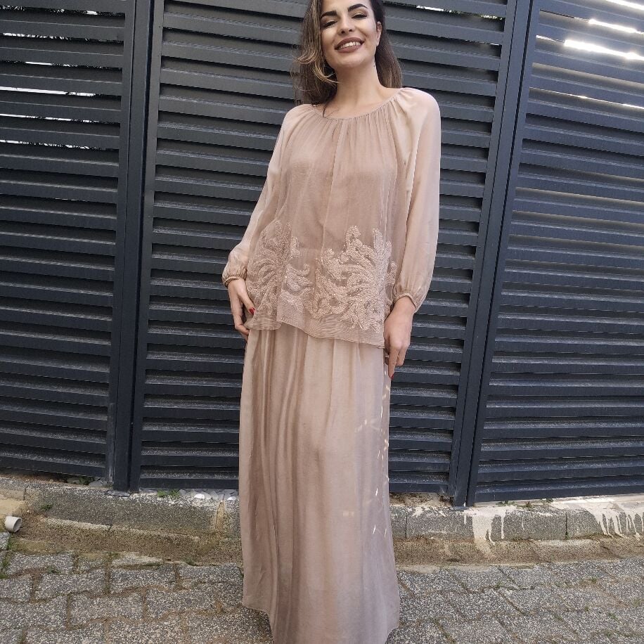 İtalyan Çiçek İpek Elbise Camel