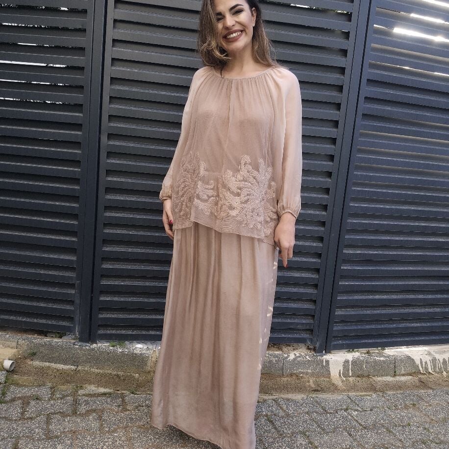 İtalyan Çiçek İpek Elbise Camel