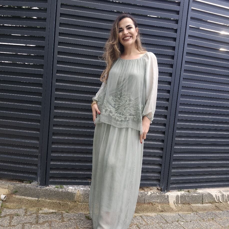 İtalyan Çiçek İpek Elbise Yeşil