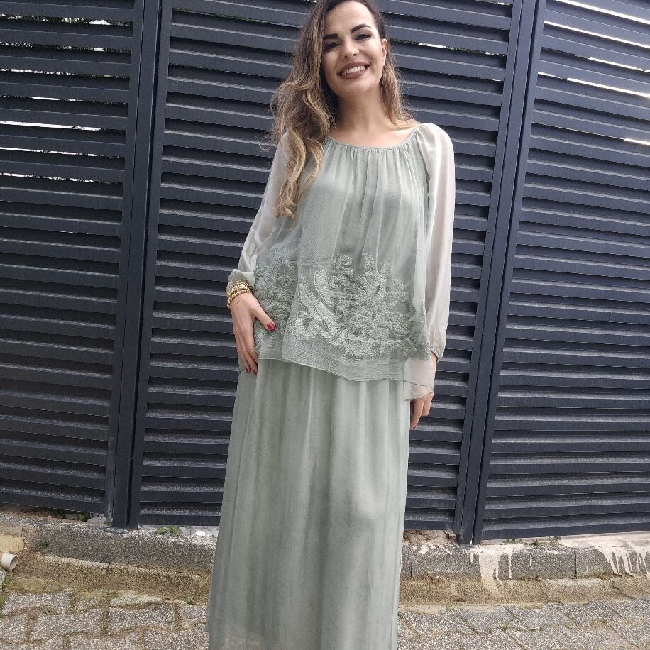 İtalyan Çiçek İpek Elbise Yeşil