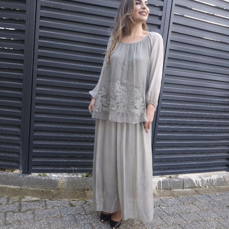 İtalyan Çiçek İpek Elbise Gri