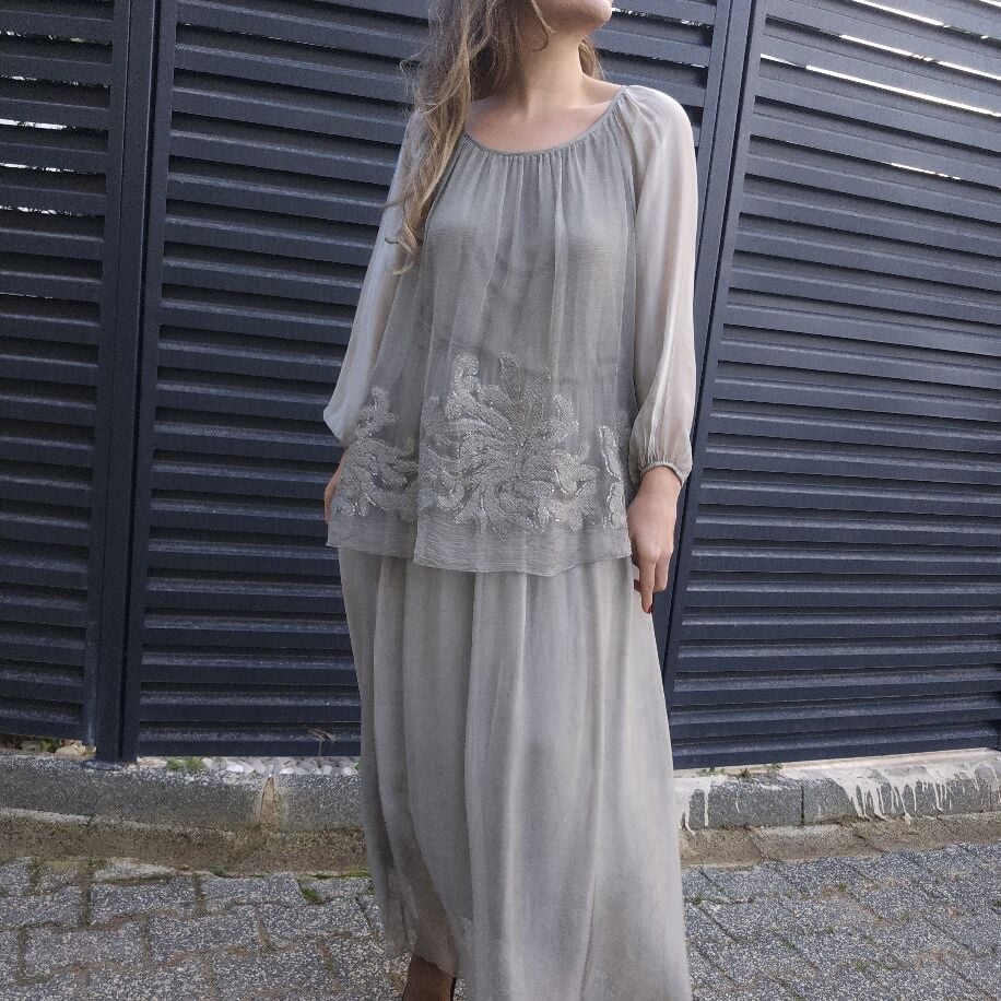 İtalyan Çiçek İpek Elbise Gri