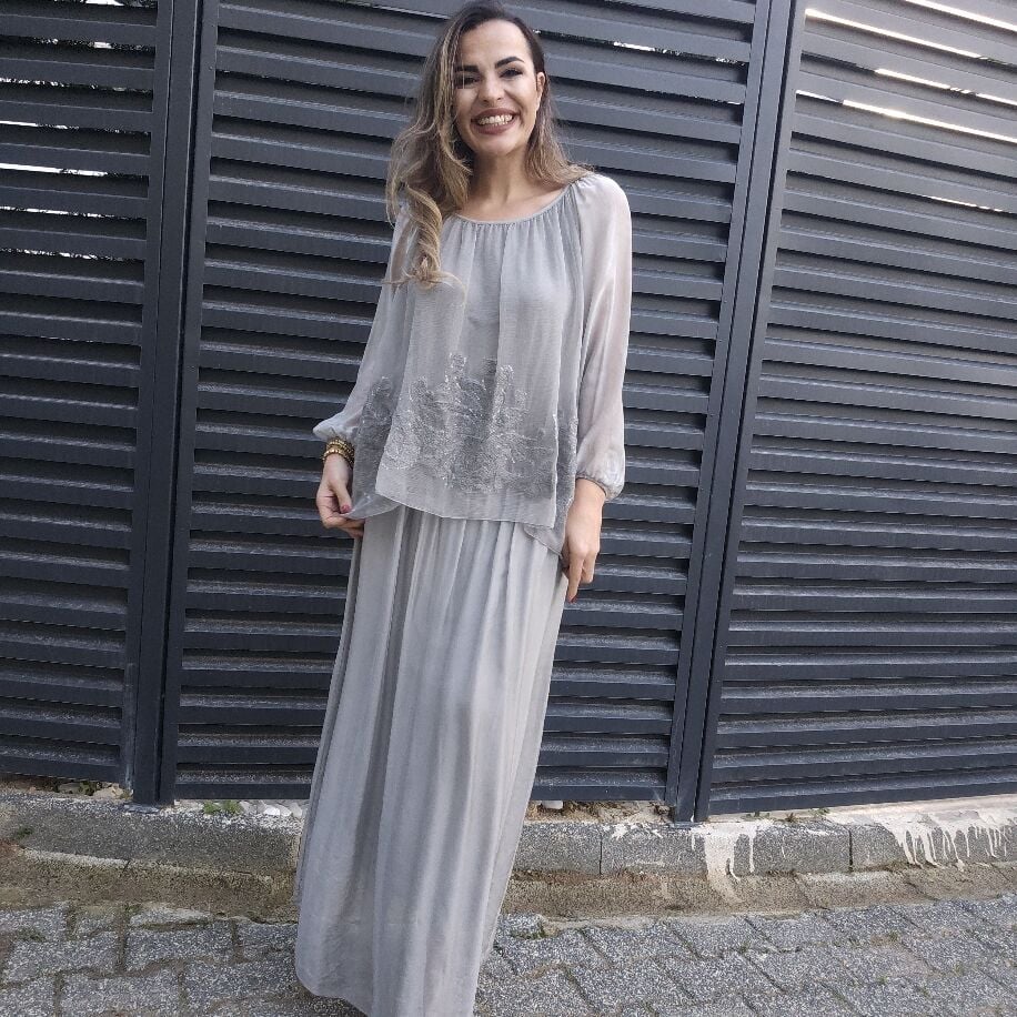 İtalyan Çiçek İpek Elbise K Gri