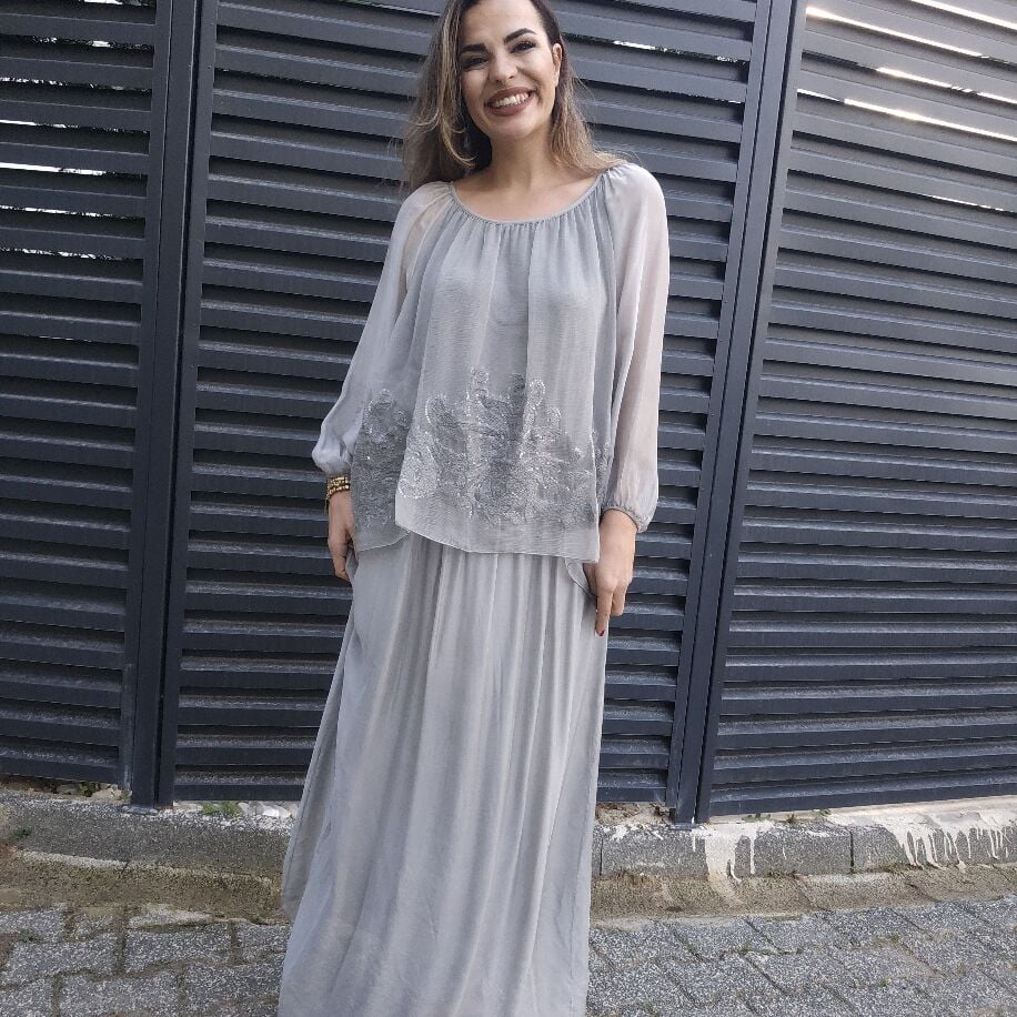 İtalyan Çiçek İpek Elbise K Gri