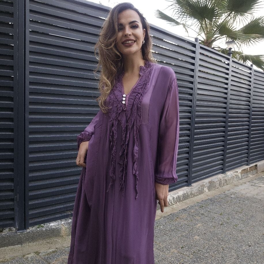 İtalyan Püsküllü İpek Elbise Mürdüm