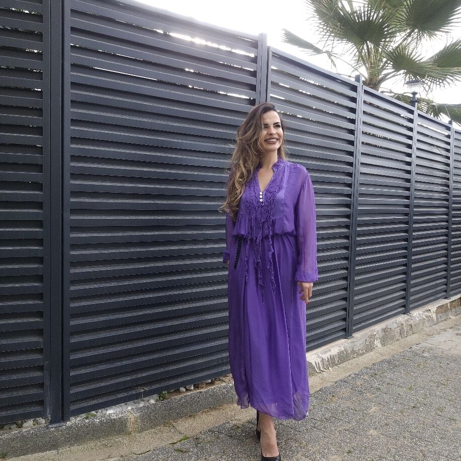 İtalyan Püsküllü İpek Elbise Mor