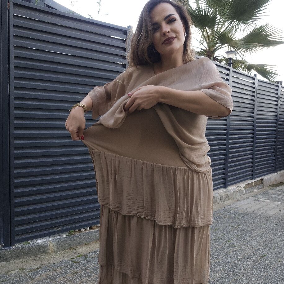 İtalyan 3 Kat İpek Elbise Camel
