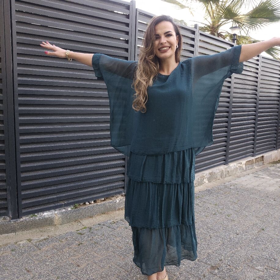 İtalyan 3 Kat İpek Elbise Zümrüt