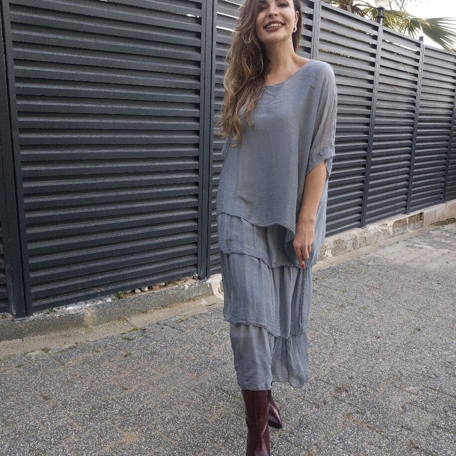 İtalyan 3 Kat İpek Elbise Gri