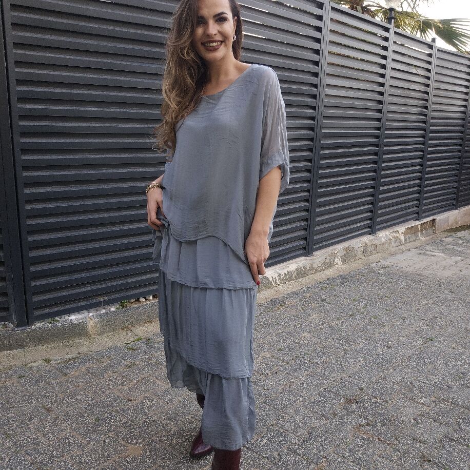 İtalyan 3 Kat İpek Elbise Gri